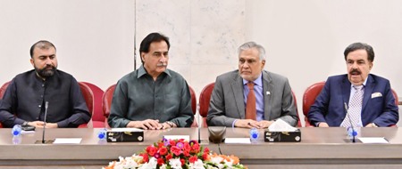 Islamabad 29.06.2026:Speaker NA Sardar Ayaz Sadiq in a meeting with Deputy Prime Minister and Foreign Minister Senator M. Ishaq Dar, Governor Balochistan Mr. Jaffar Khan Mandokhail & Chief Minister Balochistan Mr. Sarfraz Bugti at Parliament House